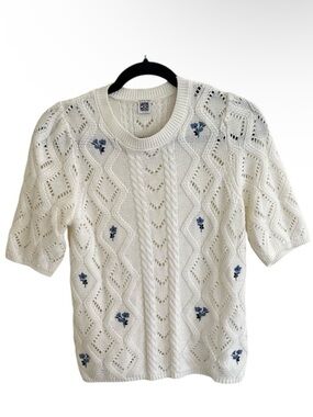 La Redoute Collections Ivory Short Sleeve Knit Floral Jumper Sweater Medium